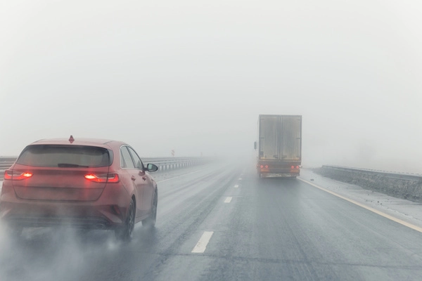 A car maintaining a safe distance from a lorry during wet weather.
