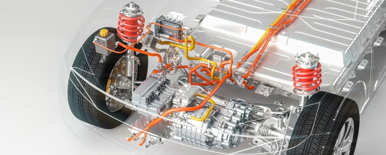 3D Render of the internal components of a fully electric vehicle