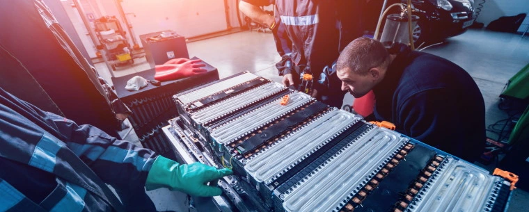 Car mechanics looking at a car electric battery in a garage