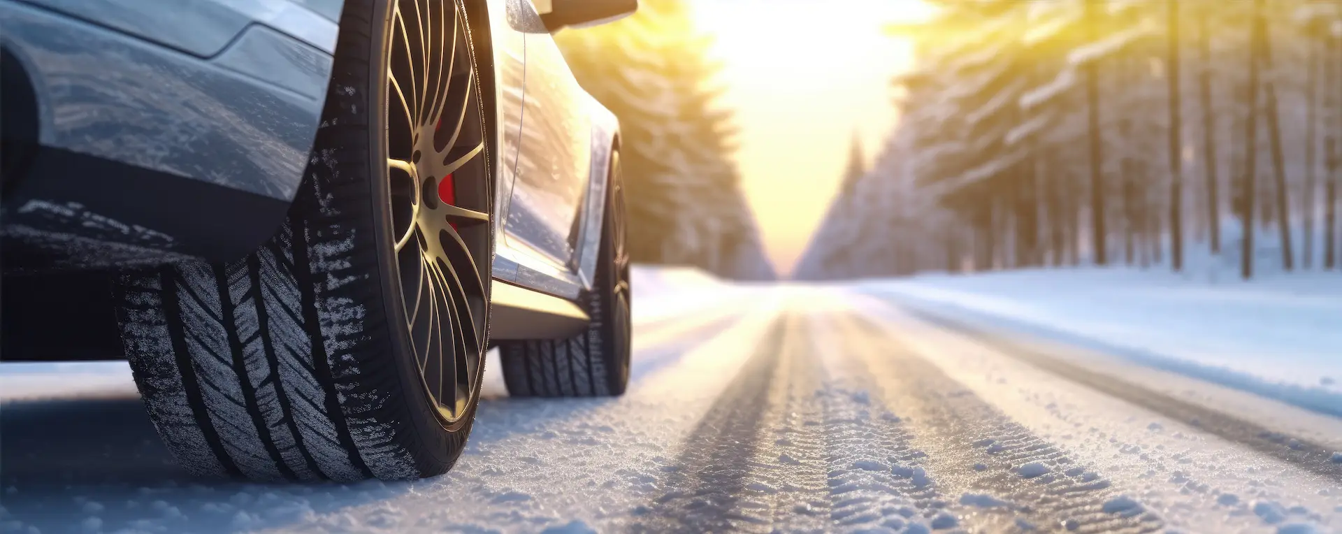 Winter tyres on a snow-covered, icy road.
